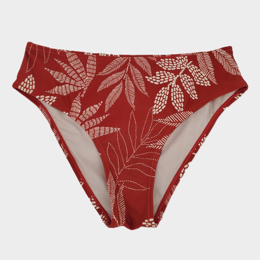 Cupshe High Waisted Bikini Bottom Medium Rust Red Tropical Leaf Print Lined New